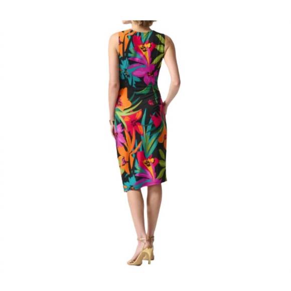 NEW JOSEPH RIBKOFF tropical print silky knit wrap dress in black - Picture 2 of 3